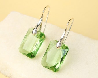 Green crystal earrings, rectangular earrings, bridesmaids, silver earrings, hanging, gift idea for her, Austrian crystals