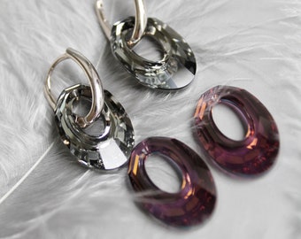 Silver hoop earrings with pendant, crystal earrings, transformers, removable, black purple, sparkling earrings, bridesmaids, mix and match