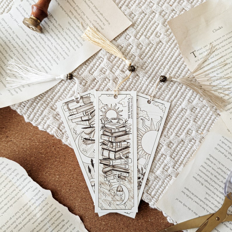 Line Drawn Bookmark Set with Tassels - Book Lover Gift - Trio Bundle - Brown Paper Bookshelf Snowflake Squad