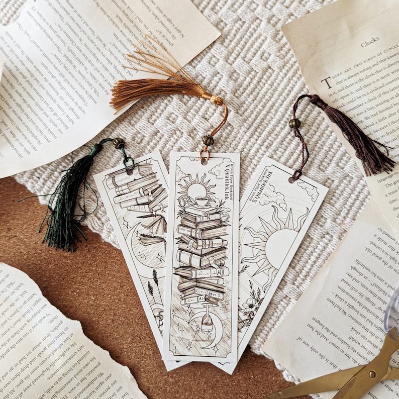 Line Drawn Bookmark Set with Tassels - Book Lover Gift - Trio Bundle - Brown Paper Bookshelf Autumnal Ensemble
