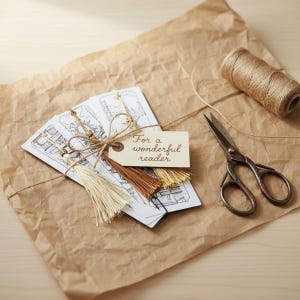 Line Drawn Bookmark Set with Tassels - Book Lover Gift - Trio Bundle - Brown Paper Bookshelf image 5