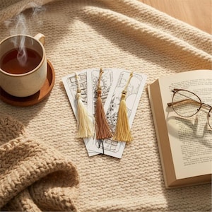 Line Drawn Bookmark Set with Tassels - Book Lover Gift - Trio Bundle - Brown Paper Bookshelf Bronze Bundle