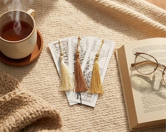 Line Drawn Bookmark Set with Tassels - Book Lover Gift - Trio Bundle - Brown Paper Bookshelf
