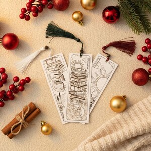 Line Drawn Bookmark Set with Tassels - Book Lover Gift - Trio Bundle - Brown Paper Bookshelf Christmas Trio