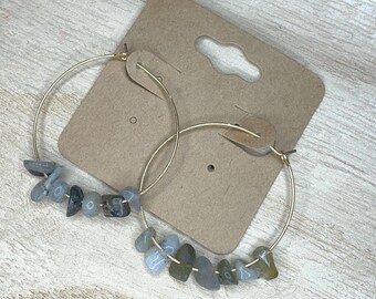 Labradorite Hoop Earrings, Mystical Gemstone Jewelry, Crystal Chip Hoops, Spiritual Boho Earrings, Handmade Crystal Jewelry