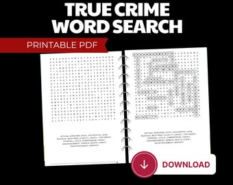 May include: A black spiral-bound book with a true crime word search puzzle. The title "TRUE CRIME WORD SEARCH" is at the top. The words "PRINTABLE PDF" and "DOWNLOAD" are also visible.