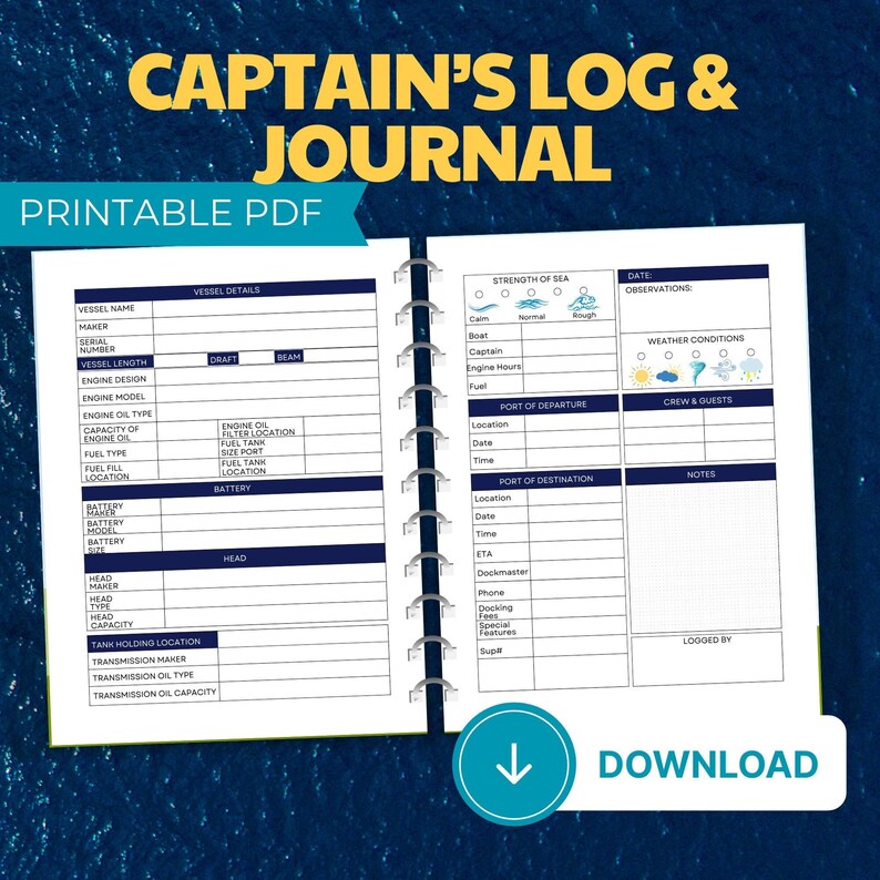 Ship Captain's Log Nautical Journal Boat Logbook Printable PDF Etsy