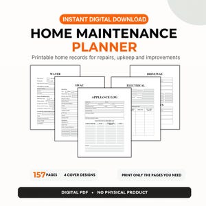 Planificador de mantenimiento del hogar imprimible, carpeta para propietarios y registro de reparaciones, descarga digital en PDF.