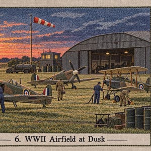 Peut inclure: Une scène brodée intitulée 6. WWII Airfield at Dusk montrant deux avions anciens, un hangar et du personnel sur un terrain herbeux au coucher du soleil. Une légende à droite liste les couleurs Aircraft Green, Earth Brown, Hangar Grey, Overall Blue, Roundel Red, Grass Green, Sunset Gold et Dusk Blue.