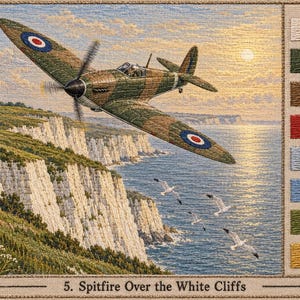 May include: An embroidered scene titled 5. Spitfire Over the White Cliffs, featuring a camouflage green and brown airplane flying over white cliffs and the ocean. A color legend on the right lists Cliff White, Camouflage Green, Earth Brown, Roundel Red, Channel Silver, Sky Blue, Grass Green, and Sunlight Gold.