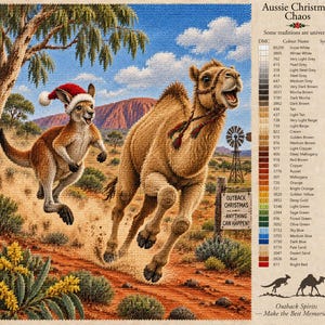 Puede incluir: Un patrón de punto de cruz titulado Aussie Christmas Chaos que muestra un canguro con un gorro de Papá Noel rojo y un camello corriendo por un paisaje del interior australiano. El diseño incluye una leyenda de colores, símbolos y un letrero.