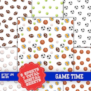 Puede incluir: Seis hojas de papel digital con fondo blanco y un patrón repetido de diferentes pelotas de deporte. Las pelotas incluyen pelotas de béisbol, balones de baloncesto, balones de fútbol americano, balones de fútbol, pelotas de tenis y balones de voleibol. El texto "GAME TIME" está en la parte inferior de la imagen. El texto "6 SPORTS 7 TOTAL DIGITAL SHEETS" está en un círculo rojo con un contorno blanco.