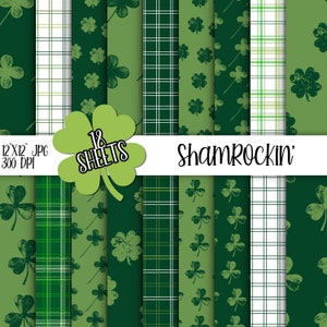Puede incluir: 18 hojas de papel digital con patrones de trébol y cuadros en verde y blanco. El texto "Shamrockin'" y "18 Sheets" está incluido en la imagen.