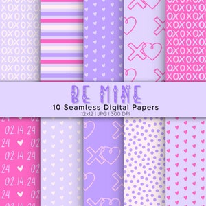 Papiers numériques coeur XOXO rose et violet - motifs de fond sans couture - 10 pages - téléchargement immédiat - imprimable