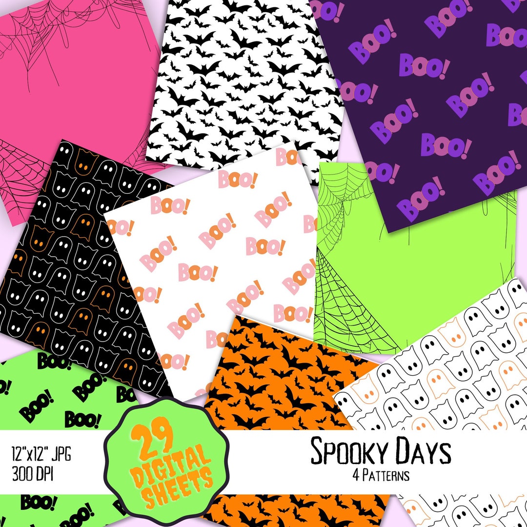 Halloween Digital Paper Pack - 4 Patterns, 29 Sheets: Ghost, Bats, BOO ...