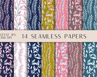 Boho Leaf Patterned Digital Paper - Seamless Patterns - Scrapbook Background - 14 pages - Instant Download - Printable