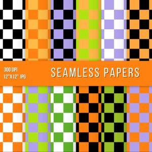 May include: A collection of seamless papers with checkerboard patterns in various color combinations, including black and white, orange, purple, and green. The image includes the text "SEAMLESS PAPERS" and "300 DPI 12"x12" JPG".