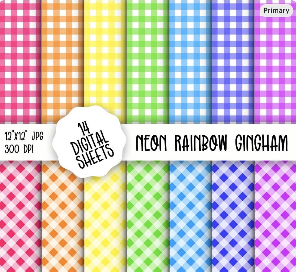 Neon Rainbow Gingham Digital Paper - Seamless Instant Download ...