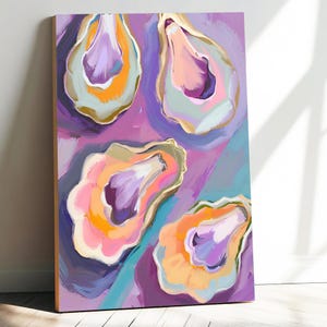 Arte murale con conchiglie di ostriche - Poster astratto pastello vibrante e colorato viola, stampa di case sulla spiaggia costiera, cucina estiva moderna, download digitale
