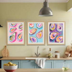 Set di 3 stampe murali con conchiglie di ostriche, poster astratto pastello vivace e colorato, stampa di case sulla spiaggia, cucina estiva moderna, download digitale