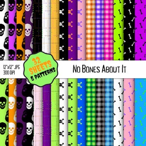 May include: A collection of 32 sheets with 5 patterns, featuring Halloween-themed designs. The patterns include skulls, crossbones, and checkered patterns in various colors like black, purple, orange, and green. The text "No Bones About It" is also visible.
