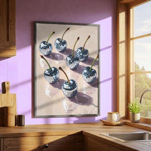 Disco Ball Cherries Printable Wall Art, Jasny dziewczęcy plakat, Dekoracja dopaminowa, Nowoczesny Y2K, Modny wózek barowy, Preppy Print, Sztuka w akademiku