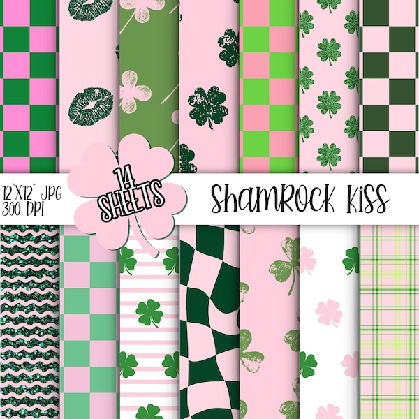 Pink St Patrick's Day Seamless Digital Paper, Glitter, Shamrock, Clover Leaf, Checkerboard - Background - Instant Download - Printable