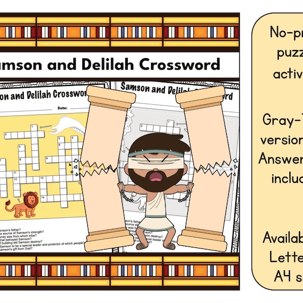 Samson and Delilah Crossword Puzzle Printable - Answer Key Included - Available in US Letter (8.5 x 11) and A4 size