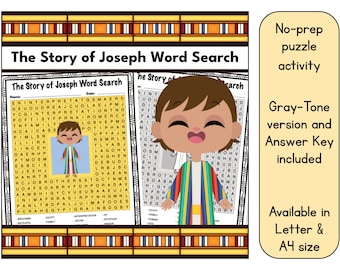 May include: A colorful word search puzzle featuring a cartoon illustration of Joseph from the Bible story. The puzzle is titled "The Story of Joseph Word Search" and includes a key with words like "Egypt", "family", and "interpretation".