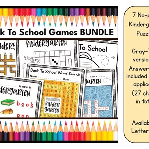 Kindergarten Back to School Games BUNDLE - 3 Word Search Puzzles, 2 Crossword Puzzles, a Maze and a Word Scramble - US Letter (8.5 x 11.5)