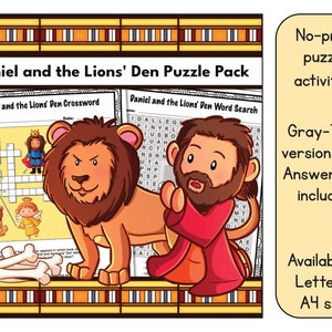 Daniel & the Lions&#39; Den Word Search and Crossword Puzzle Activity Pack - Answer Key Included - Available in US Letter (8.5 x 11) and A4 size