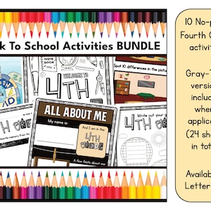 4th Grade Back to School Activities BUNDLE - 10 Fourth Grade Coloring Pages, Worksheets and All About Me Activities - US Letter (8.5 x 11.5)
