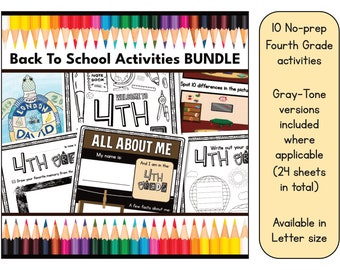 May include: A printable bundle of 10 no-prep fourth grade activities. The activities include coloring pages, writing prompts, and a "All About Me" page. The bundle is available in gray-tone and color versions and includes 24 sheets in total. The bundle is available in letter size.