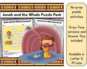 Jonah and the Whale Word Search and Crossword Puzzle Activity Pack - Answer Key Included - Available in US Letter (8.5 x 11) and A4 size