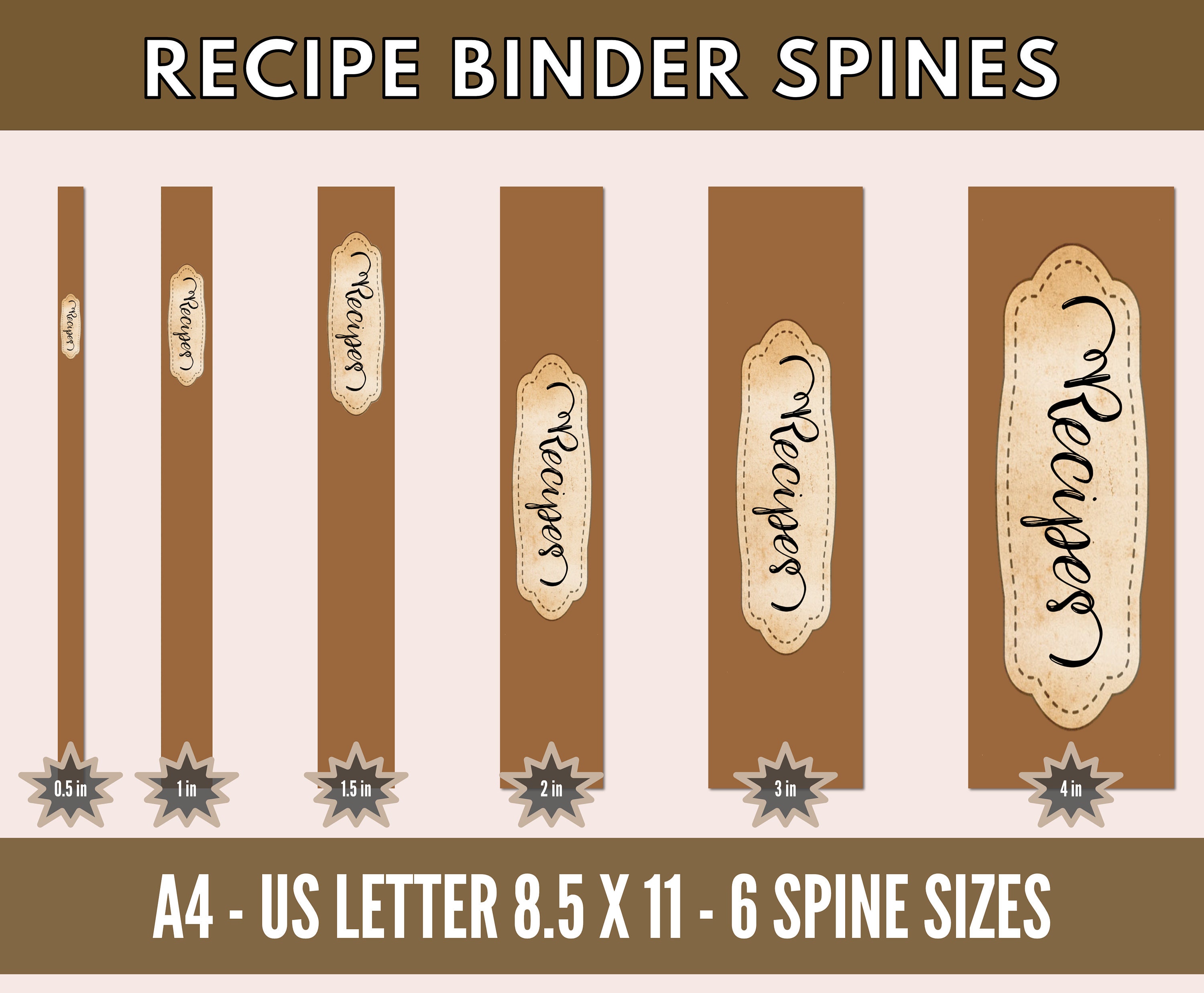 Recipe Binder Spine - US Letter + A4 - 6 Sizes of Recipe Binder Spines ...