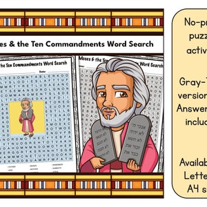 Moses and the Ten Commandments Word Search Bible Puzzle Worksheet - Answer Key Included - Available in US Letter (8.5 x 11) and A4 size