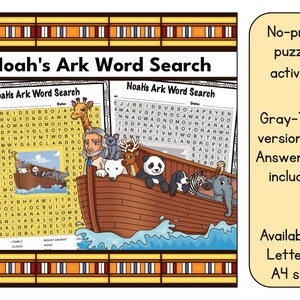 Noah&#39;s Ark Word Search Bible Puzzle Activity Worksheet - Answer Key Included - Available in US Letter (8.5 x 11) and A4 size