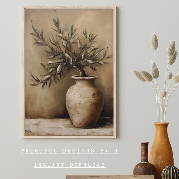 OliveTree in Vase Still Life Oil Painting  | Printable Vintage Botanical Art | Minimalist Oil Painting | Digital Download