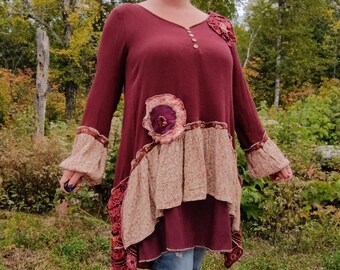 Cottagecore Boho Style Shirt, Mini Dress, Draped Tunic Top, Autumn Colors