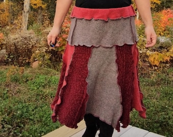 Wool Skirt, Hippie Skirt, Skater Skirt, Patchwork Skirt in Burgundy, Rust, and Grey