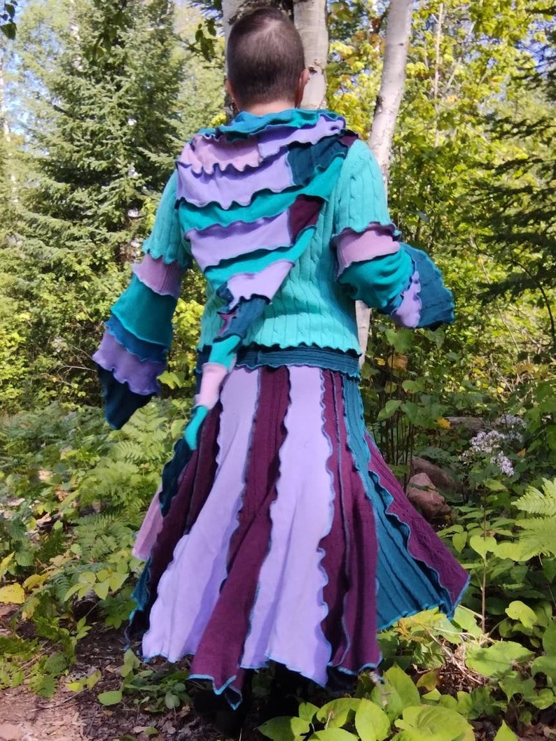 Upcycled Sweater Coat in Teal, Aqua, and Purples, Sustainable Clothing