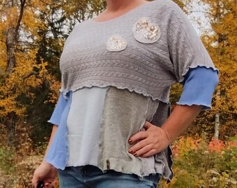 Boho Style Patchwork Short-Sleeved Shirt in Grey and Blue with Sequined Accents