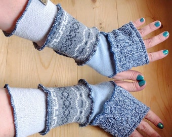 Fingerless Gloves in Grey and Blue, Sustainable Clothing,  Hostess Gift Ideas