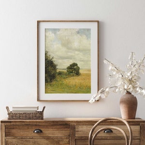 Vintage Olive Green Landscape Print: Antique Oil Painting, European Farmhouse Decor