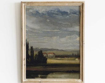 Vintage European Landscape Painting, Print of Antique Oil Painting, Landscape View with Cloudy Sky, Vintage Landscape Print,