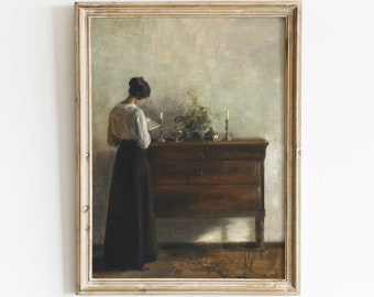 Retrato vintage mujer leyendo, escena interior, impresión de pintura al óleo antigua