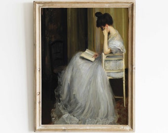 Antique Oil Painting Print: Woman Reading, Moody Vintage Portrait