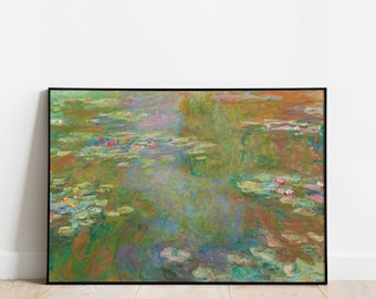 Puede incluir: Una pintura de un estanque con nenúfares y nenúfares. El agua es de color azul claro y verde, y los nenúfares son de color verde oscuro. El fondo es de color marrón claro.