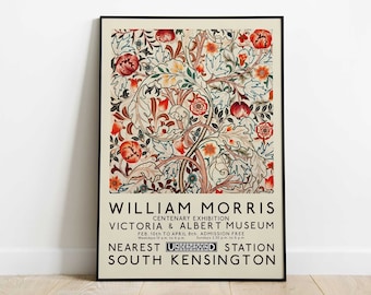 May include: A vintage poster advertising a William Morris centenary exhibition at the Victoria & Albert Museum in London. The poster features a colourful floral pattern and the text "William Morris Centenary Exhibition Victoria & Albert Museum Feb. 10th to April 8th. Admission Free Weekdays 10 am to 6pm. Sundays 2.30 pm to 6 pm Nearest Underground Station South Kensington"