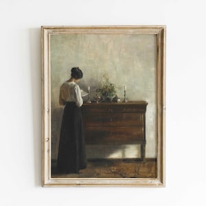 Ritratto vintage di donna che legge, scena d'interno, stampa di un antico dipinto ad olio